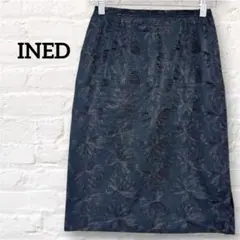 イネド INED 刺繍 タイトスカート ブラック黒 花柄 日本製 上品 きれいめ