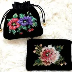 FEILER フェイラー 巾着ポーチ 2個セット 花 シュニール織 黒 おまとめ