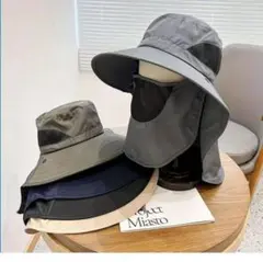 f3黒色★新品★UVカット＆フェイスカバー付 バケット サファリハット つば広