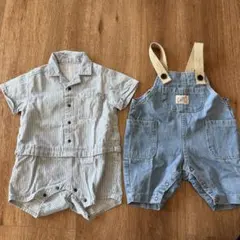 BREEZE ストライプ柄ロンパース・オーバーオールセット 70