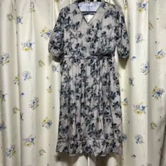 花柄 半袖ラップワンピース ベージュネイビー大きいサイズXXL