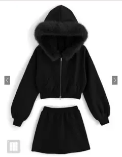 ファーフードジップパーカー×ミニスカートセットアップ ブラック