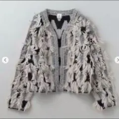 極美品【ROKU ロク】フリンジジャカードカーディガン グレー　モヘヤ ウール