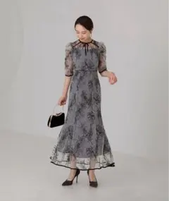 LEJA 花柄リボンパフスリーブマーメイドワンピースドレス ブルー