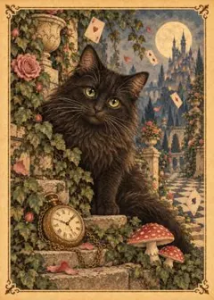 黒猫と不思議の国 アンティーク風 アートポスター インテリア 絵画 壁掛け
