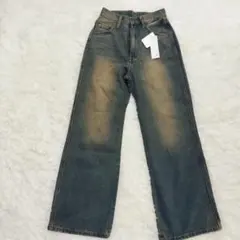 ストレートデニムパンツ ダメージ加工 古着風 WEGO ハイウエスト ジーンズ