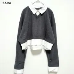 ザラ レイヤード風トップス S Vネック 重ね着風 シャツドッキング ストライプ