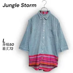 Jungle Storm デニム切替 民族柄 7分袖シャツ Lのサムネイル