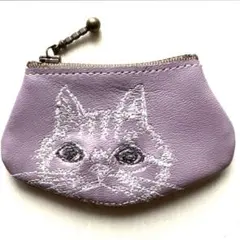 【送料無料／一点物】猫刺繍 本革レザーポーチ｜コインケース 小銭入れ ミニポーチ