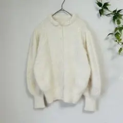 アンゴラ混 パフスリーブ カーディガン パールボタン ケーブル編み 白 M