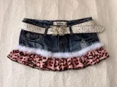 平成ギャルY2Kデニムミニスカート ヒョウ柄フリル付き