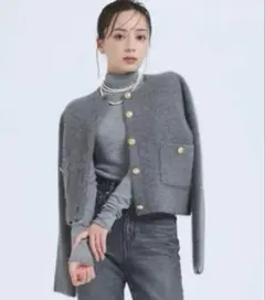 anuans ラクーンブレンドノーカラーニットジャケット　グレー