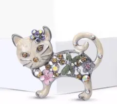 猫 ブローチ エナメル お花 カラフル ラインストーン 白猫 海外製 華やか