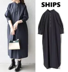SHIPS シップス フロントパールモチーフボタンワンピース ネイビー