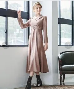 ブラウン 襟付き長袖ワンピース ベルト付き