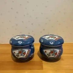 青色花柄陶器製蓋つき煮物椀2個セット