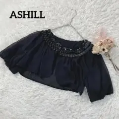 アシール ボレロ 半袖 M ブラック ビジュー パフスリーブ シアー シフォン