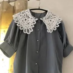 レイカズン　襟　くすみブルー　ブラウス