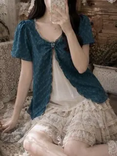 axes femme 森ガール フェアリーグランジ レース半袖トップス　グリーンのサムネイル