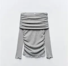 ZARA グレー オフショルダー ギャザーセミシアーコットントップス