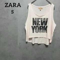 ザラ ZARA タンクトップ ショート丈 ベビーピンク 前ロゴ レディース Sのサムネイル
