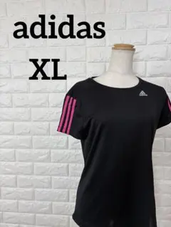 アディダス ランニングウェア 半袖 Tシャツ XL 黒 ピンク 3本線