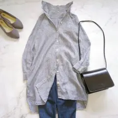 無印 良品計画 リネン100％ ストライプ ロングシャツ チュニック ワンピース