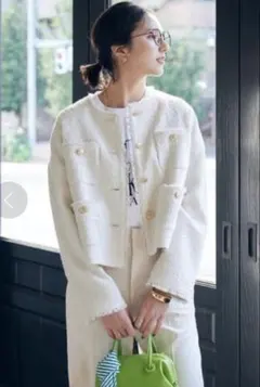 美品oggiコラボ グリーンレーベルリラクシングツイードノーカラージャケット