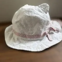 耳付きホワイト　ベビー帽子　レース　50cm