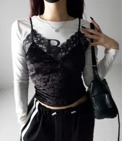 新品未使用 me+em select ベロアレースクロップドキャミビスチェ