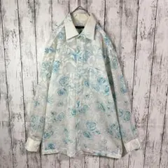 【総柄シャツ】シアーシャツ☆長袖シャツ☆花柄☆80s 90s☆M☆白　水色