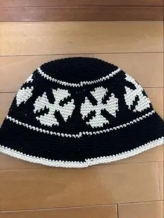 ニットバケットハット 黒と白 クロス模様