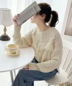 CLASSICAL ELF フリンジ&ケーブル編みショート丈ニット　L