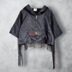 【メッシュ　ドッキングパーカー　ナイロン】　ロゴ刺繍　キッズ　150 ダンス　黒