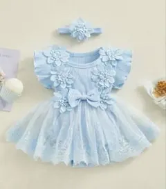 水色 フラワー装飾 ワンピース ヘアバンド付き
