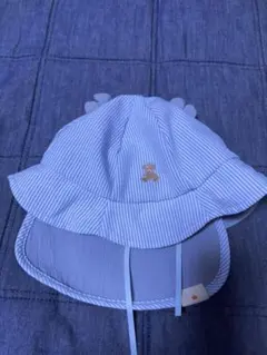 アプレレクール　ベビー帽子 青と白のストライプ クマ刺繍　46.48