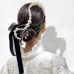 ランダムパールチェーンリボン髪飾り 卒業式 髪飾り 成人式 金箔 水引 ゴールド