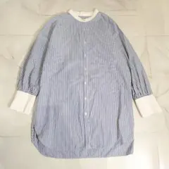 ショコラフィネローブ ストライプシャツ ノーカラー ロング 体型カバー