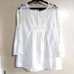 ZARA BASIC レース長袖ブラウス チュニック白 透かし編み ガーゼ生地