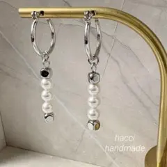 #479 スワロフスキーパール5ミリ シルバーキューブ　フープピアス/イヤリング