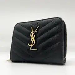 人気✨サンローラン　二つ折り財布　カサンドラ　キャビアスキン　Vステッチ　黒