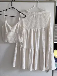 ホワイトリブ編みキャミソールセット M