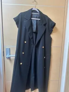 フリル袖 ダブルブレスト ロングコート ブラック