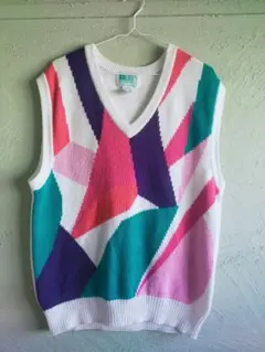 【レトロニットベスト/古着】幾何学柄ニットベスト