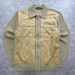 70s ジップ ニットブルゾン ベージュ 切替 スエード レトロ ヴィンテージ