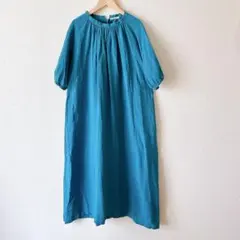 TICCA 麻 ソメロス 青 半袖 ロング シャツワンピ キーネック ゆったり