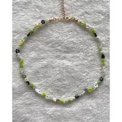 01 ハンドメイド ビーズネックレス フラワー チョーカー グリーン系 緑
