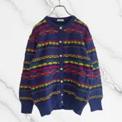 日本製ニットカーディガンセーター総柄デザインレトロポップ紫パープルビンテージ古着