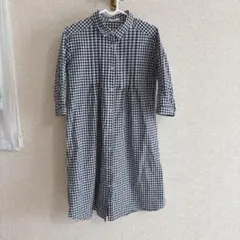 【美品】ギンガムチェック 薄手七分袖ブラウス シャツ M 綿100%