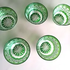 【美品】切子緑色カットグラス５個セット